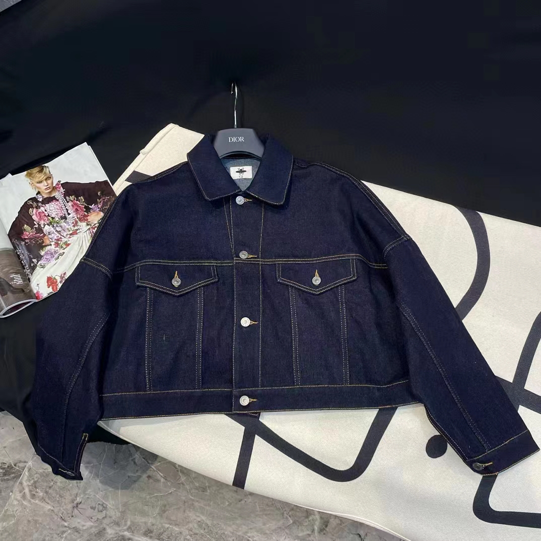 Dior Women CD Cropped Jacket Deep Blue Cotton Denim Bee Unlined