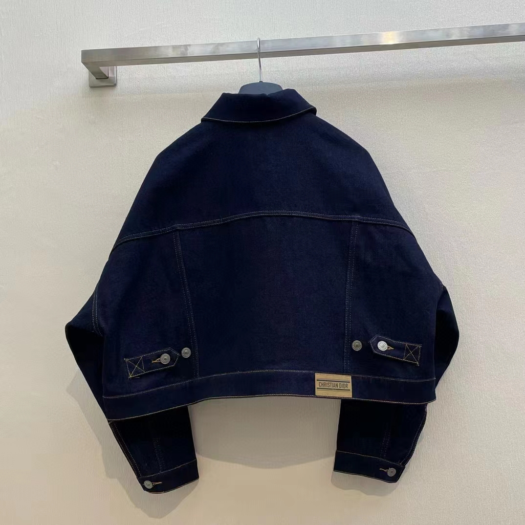 Dior Women CD Cropped Jacket Deep Blue Cotton Denim Bee Unlined