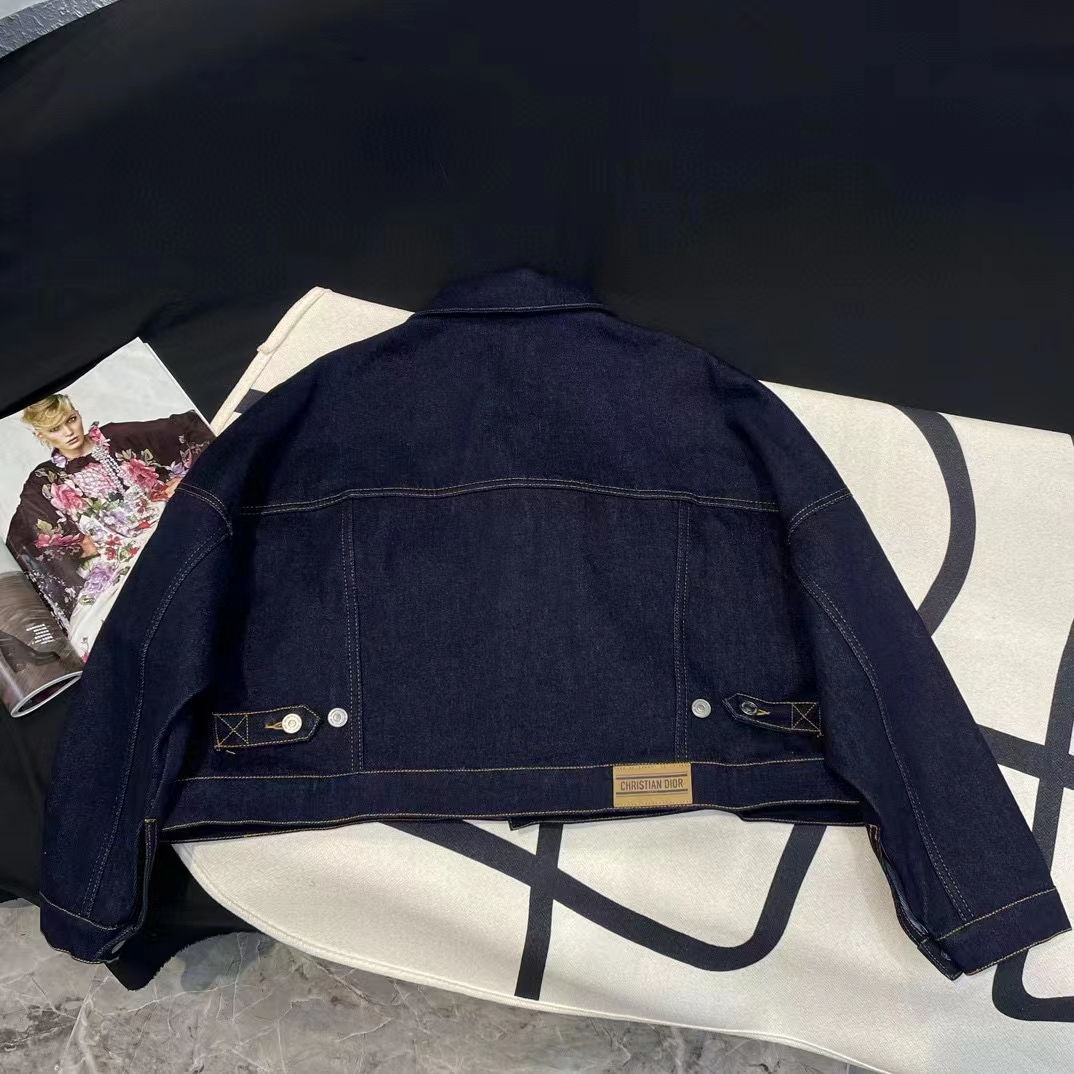 Dior Women CD Cropped Jacket Deep Blue Cotton Denim Bee Unlined