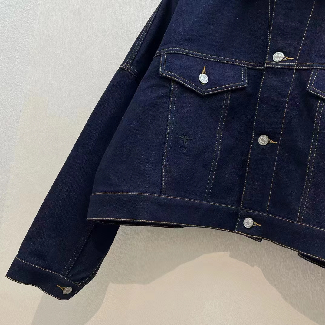 Dior Women CD Cropped Jacket Deep Blue Cotton Denim Bee Unlined