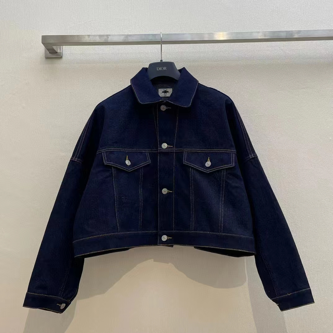 Dior Women CD Cropped Jacket Deep Blue Cotton Denim Bee Unlined
