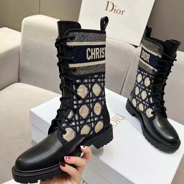 Dior Women CD D-Major Ankle Boot Black Calfskin Deep Blue Beige Embroidered Cannage Cotton Reference: KCI976CMY_S49X