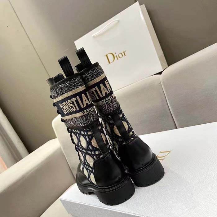 Dior Women CD D-Major Ankle Boot Black Calfskin Deep Blue Beige Embroidered Cannage Cotton Reference: KCI976CMY_S49X