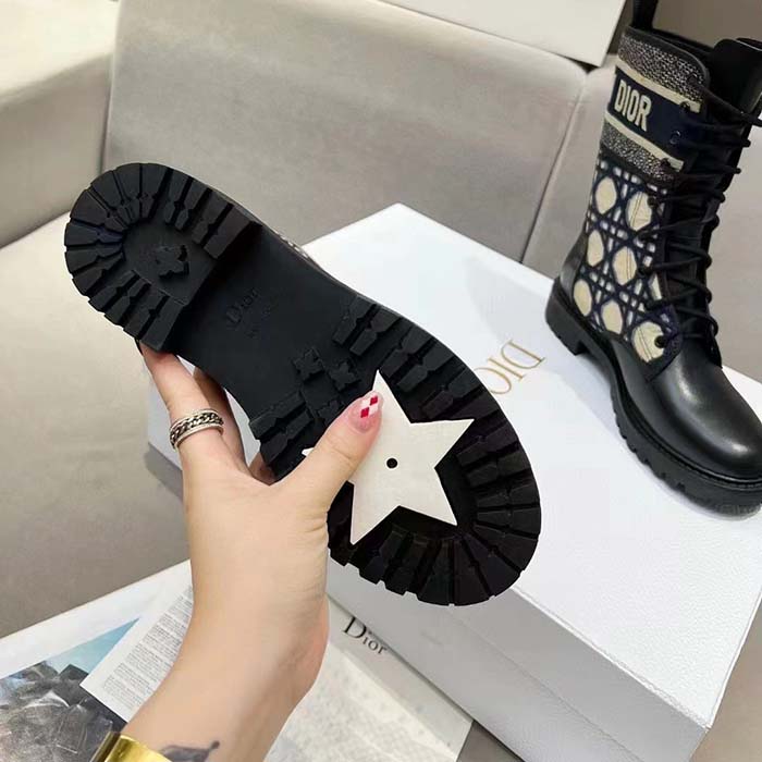 Dior Women CD D-Major Ankle Boot Black Calfskin Deep Blue Beige Embroidered Cannage Cotton Reference: KCI976CMY_S49X