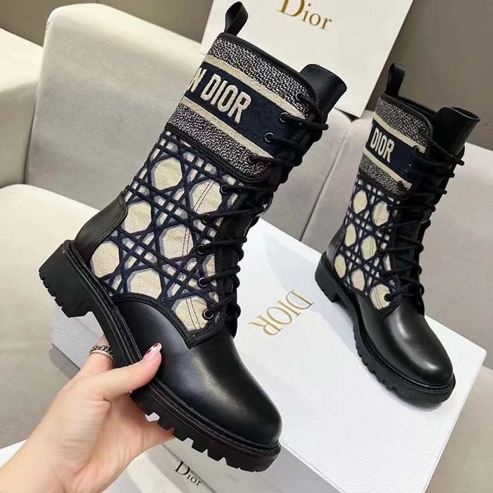 Dior Women CD D-Major Ankle Boot Black Calfskin Deep Blue Beige Embroidered Cannage Cotton Reference: KCI976CMY_S49X