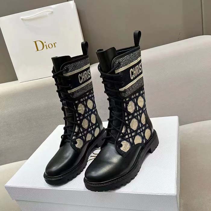 Dior Women CD D-Major Ankle Boot Black Calfskin Deep Blue Beige Embroidered Cannage Cotton Reference: KCI976CMY_S49X