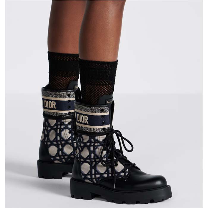 Dior Women CD D-Major Ankle Boot Black Calfskin Deep Blue Beige Embroidered Cannage Cotton Reference: KCI976CMY_S49X