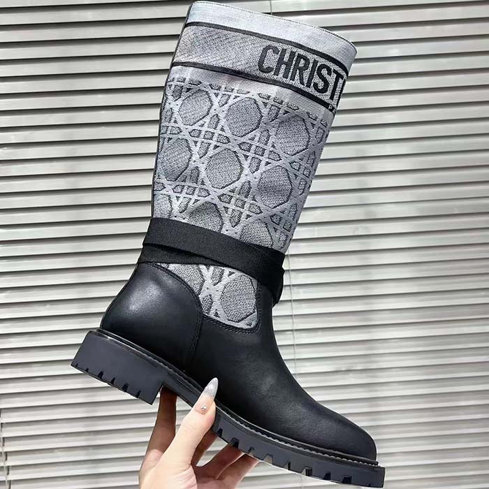 Dior Women CD D-Major Ankle Boot Black Calfskin Gray Embroidered Cannage Cotton Reference: KCI981CGY_S48X