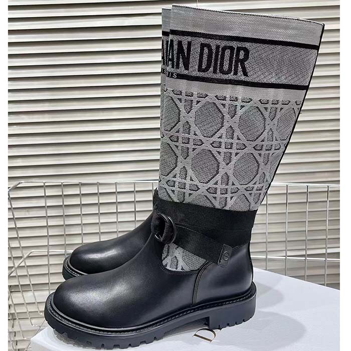 Dior Women CD D-Major Ankle Boot Black Calfskin Gray Embroidered Cannage Cotton Reference: KCI981CGY_S48X