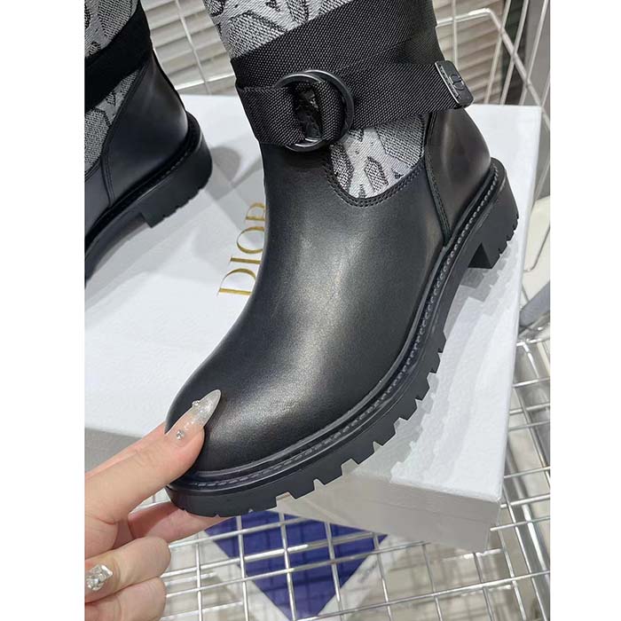 Dior Women CD D-Major Ankle Boot Black Calfskin Gray Embroidered Cannage Cotton Reference: KCI981CGY_S48X