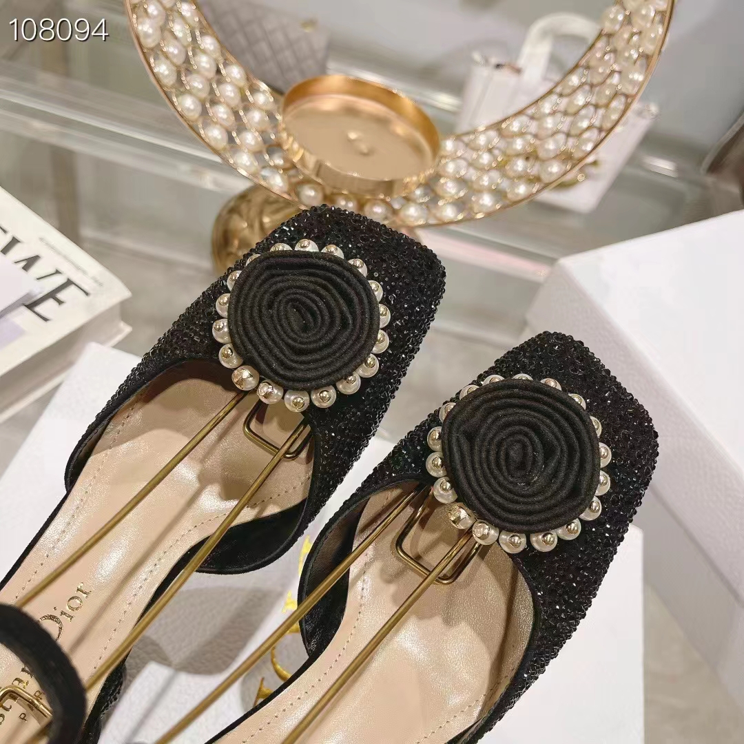 Dior Women CD Dior Rose Pump Black Suede Calfskin Strass White Resin Pearls