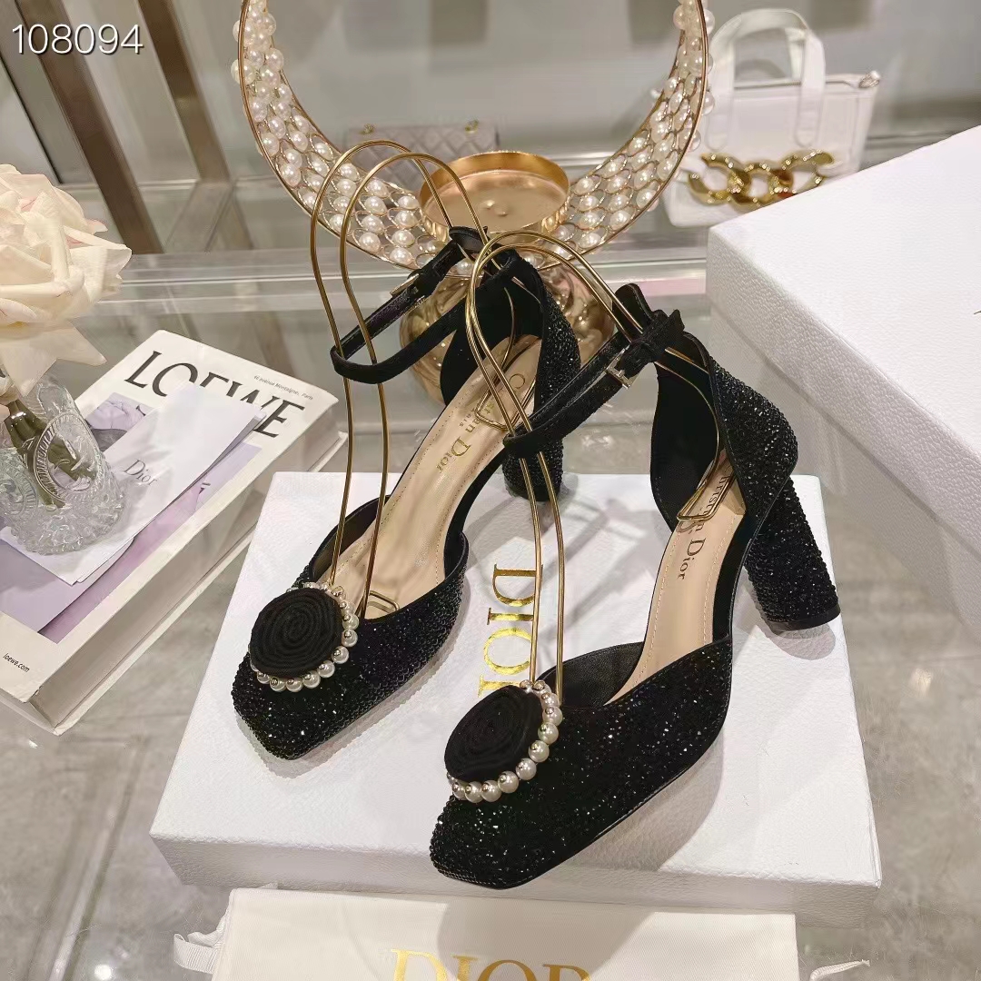 Dior Women CD Dior Rose Pump Black Suede Calfskin Strass White Resin Pearls