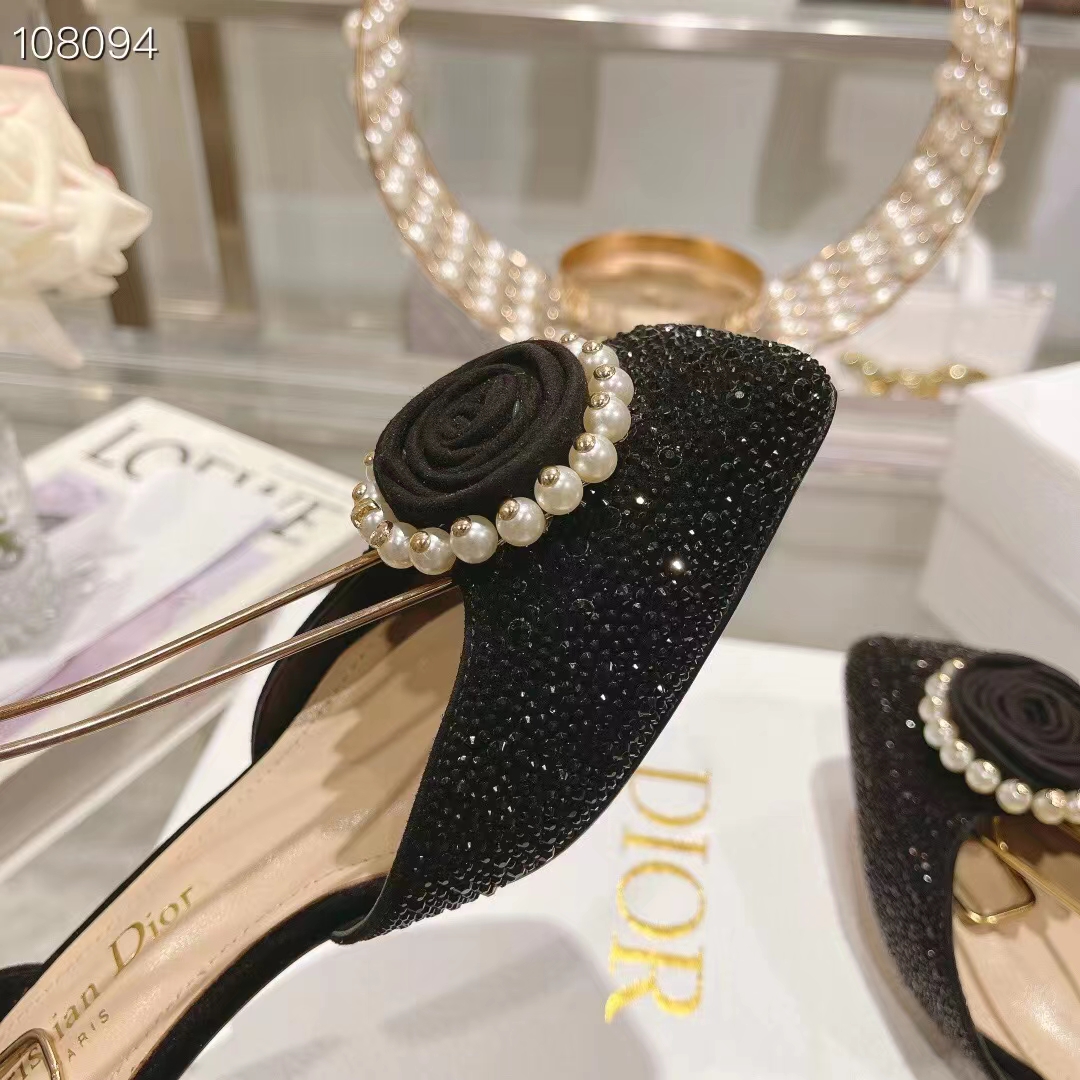 Dior Women CD Dior Rose Pump Black Suede Calfskin Strass White Resin Pearls