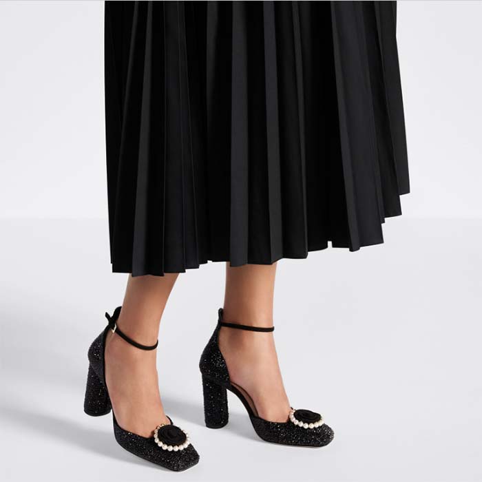 Dior Women CD Dior Rose Pump Black Suede Calfskin Strass White Resin Pearls