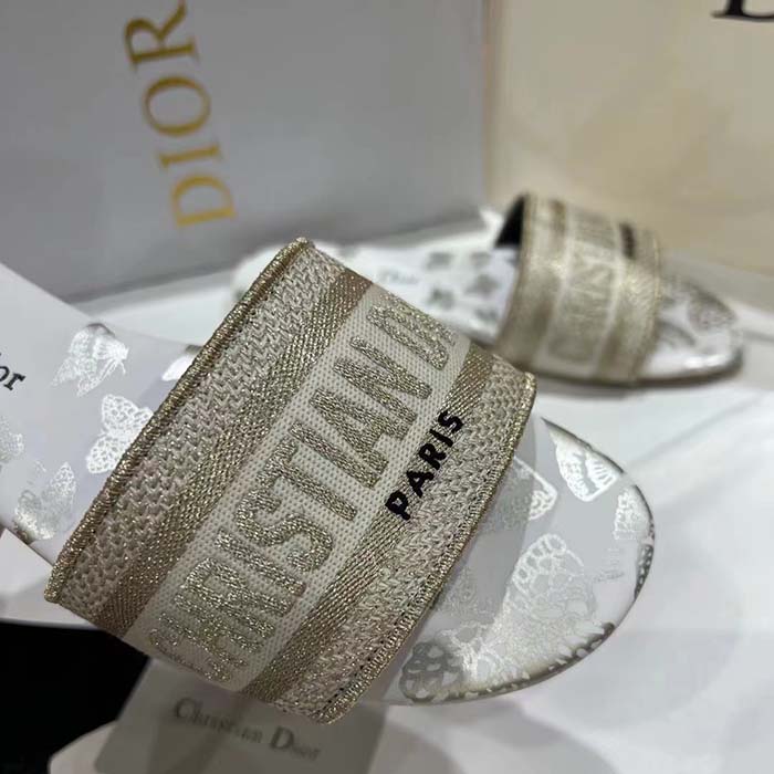 Dior Women CD Dway Slide White Gold-Tone Gradient Butterflies Embroidered Cotton Metallic Thread