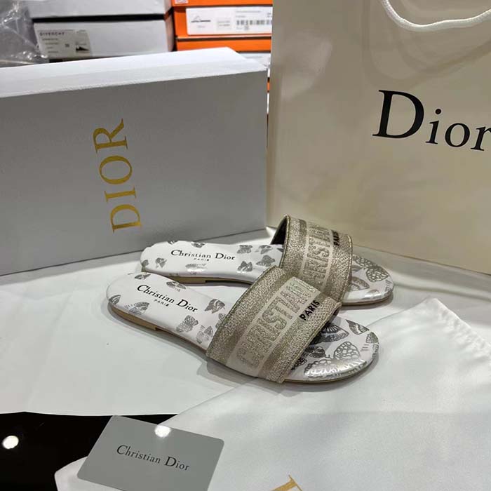 Dior Women CD Dway Slide White Gold-Tone Gradient Butterflies Embroidered Cotton Metallic Thread