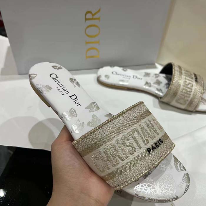 Dior Women CD Dway Slide White Gold-Tone Gradient Butterflies Embroidered Cotton Metallic Thread