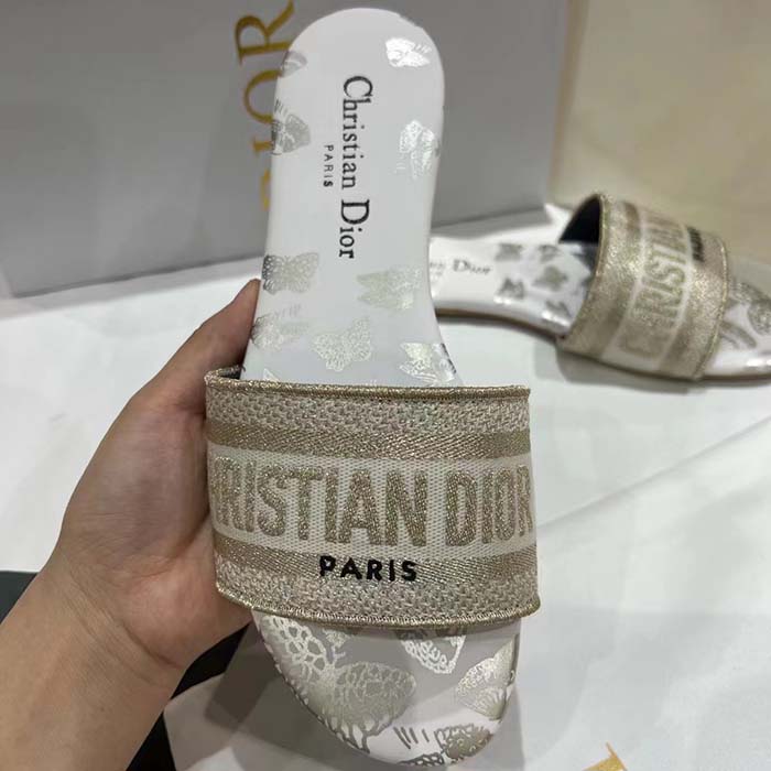 Dior Women CD Dway Slide White Gold-Tone Gradient Butterflies Embroidered Cotton Metallic Thread