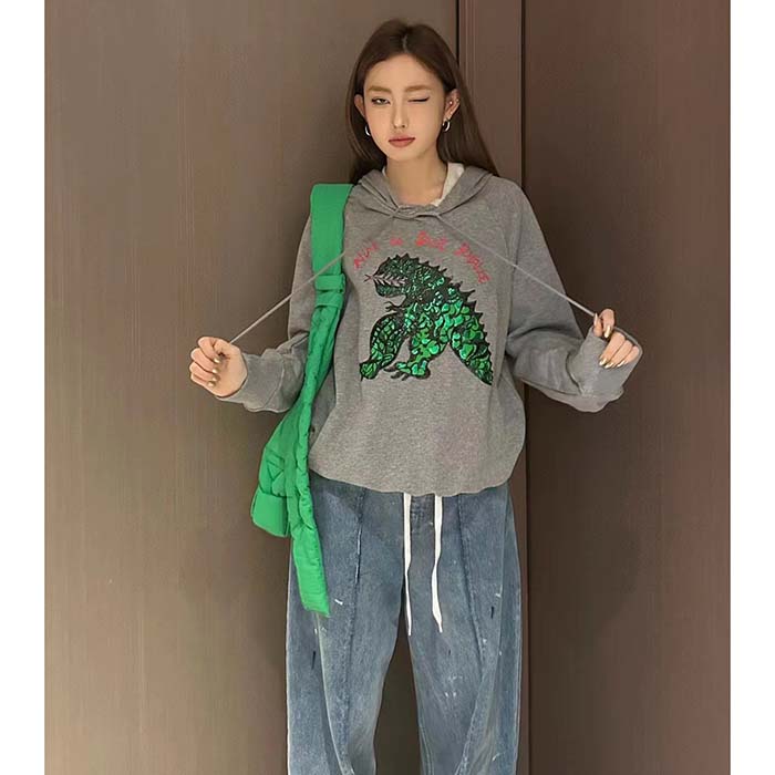 Dior Women CD Embroidered Hooded Sweatshirt Gray Cotton Jersey Green Dragon