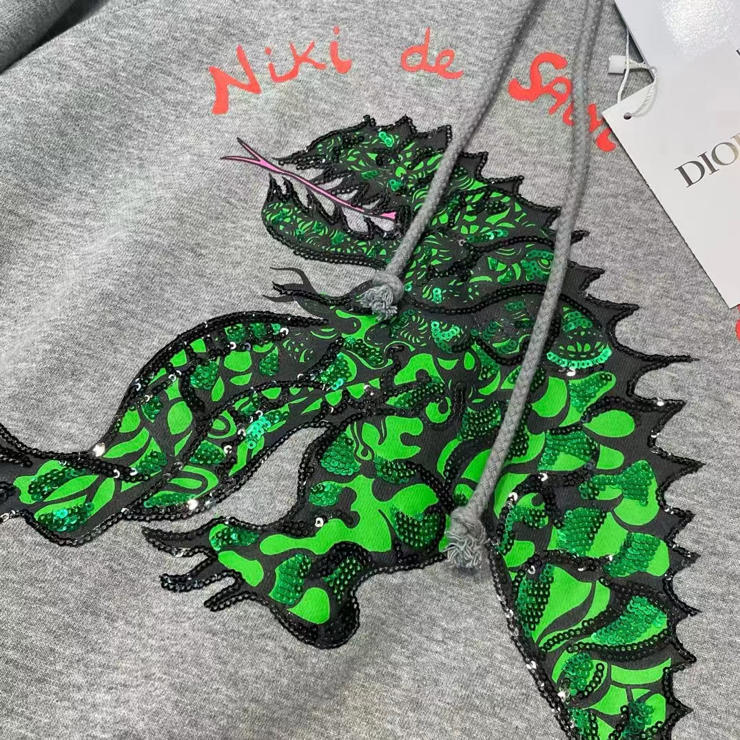 Dior Men CD Embroidered Hooded Sweatshirt Gray Cotton Jersey Green Dragon