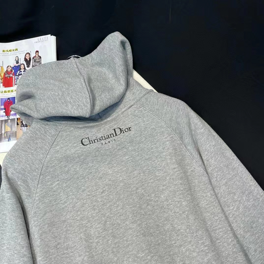 Dior Men CD Embroidered Hooded Sweatshirt Gray Cotton Jersey Green Dragon