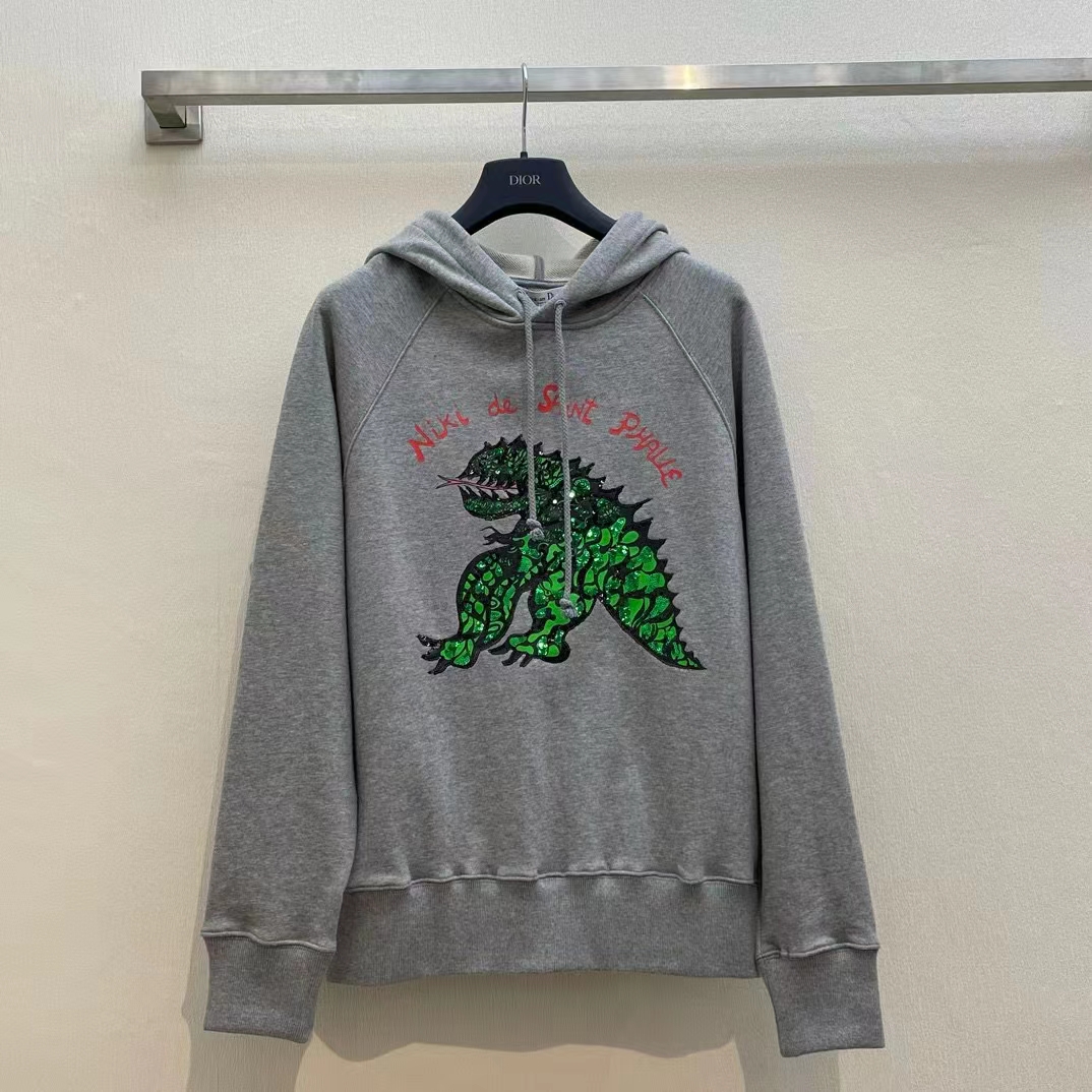 Dior Men CD Embroidered Hooded Sweatshirt Gray Cotton Jersey Green Dragon