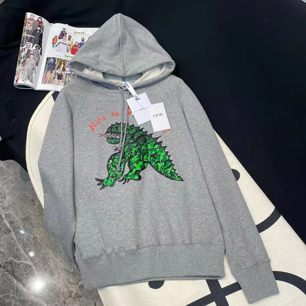 Dior Men CD Embroidered Hooded Sweatshirt Gray Cotton Jersey Green Dragon