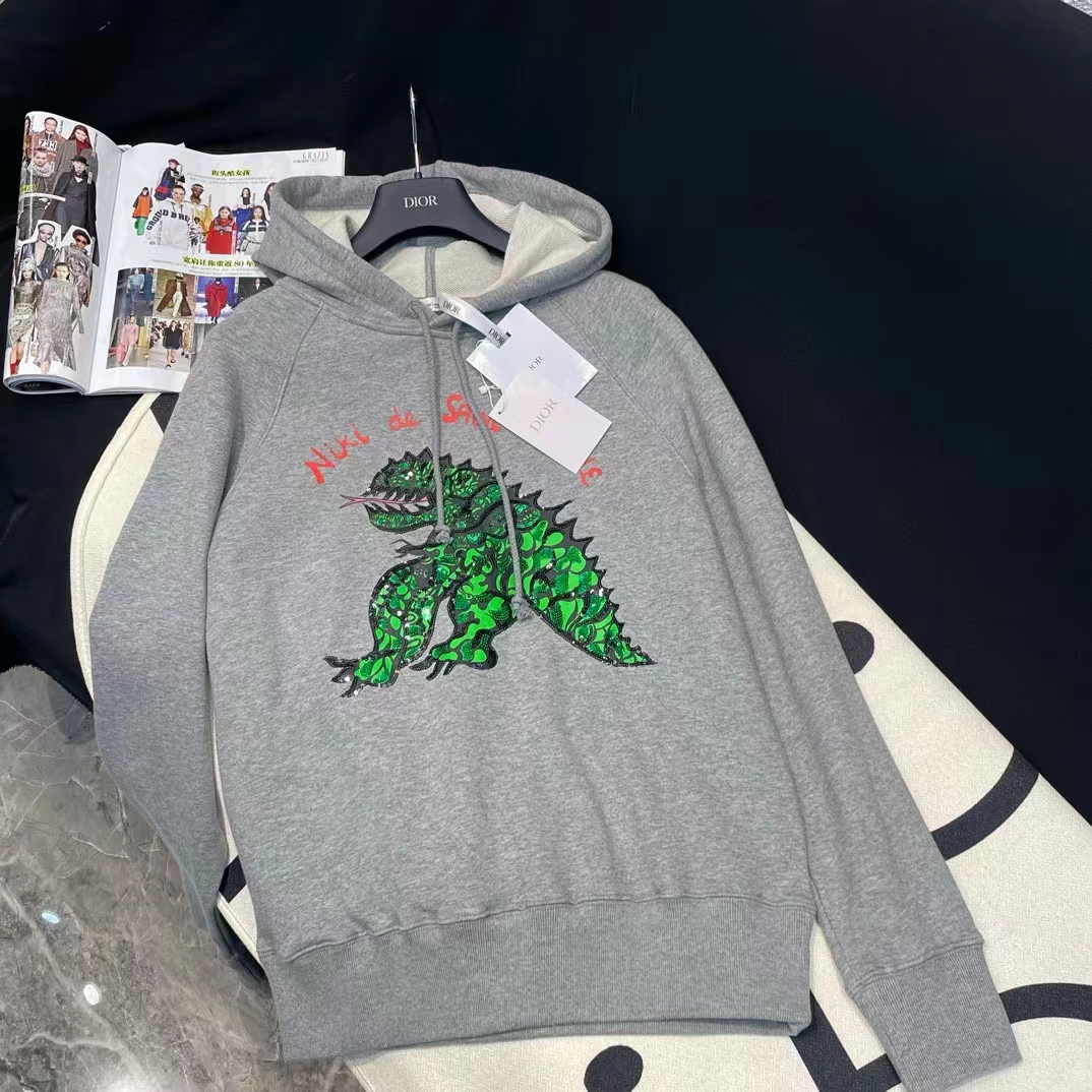 Dior Men CD Embroidered Hooded Sweatshirt Gray Cotton Jersey Green Dragon