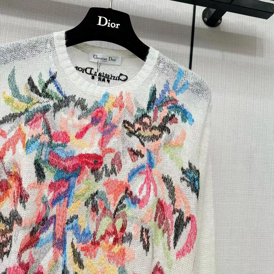Dior Women CD Embroidered Sweater White Technical Mohair Alpaca Knit