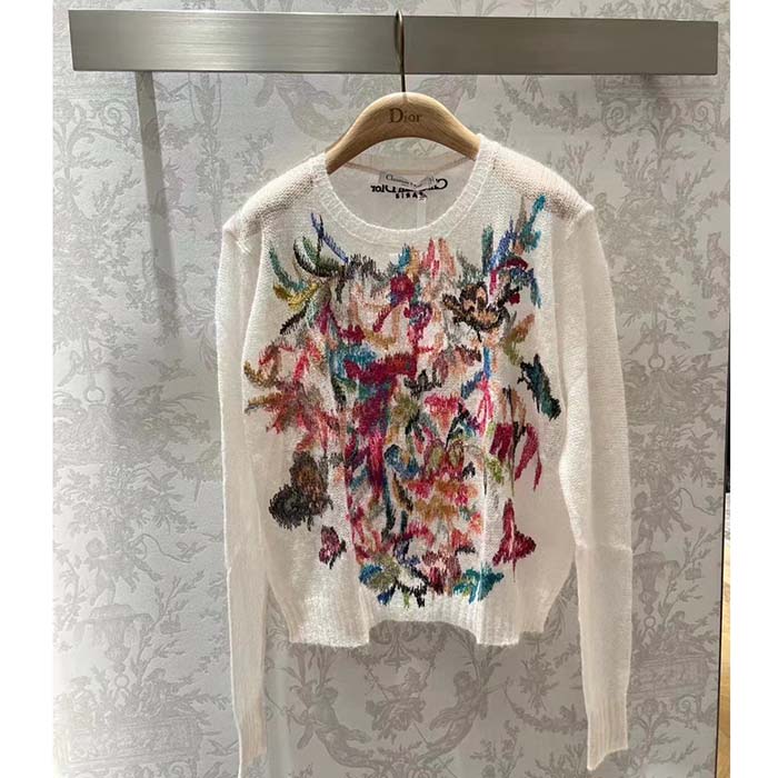Dior Women CD Embroidered Sweater White Technical Mohair Alpaca Knit