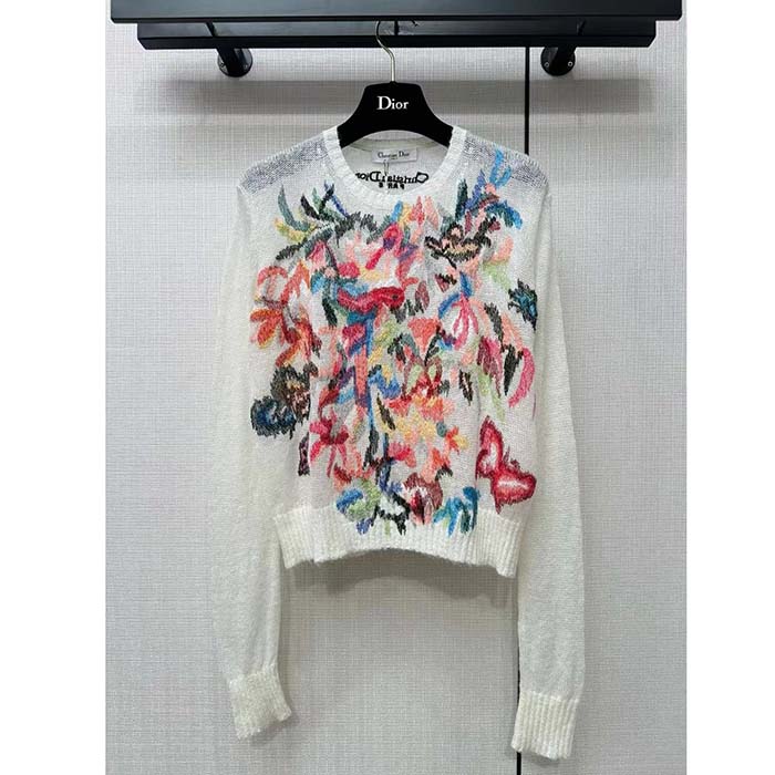 Dior Women CD Embroidered Sweater White Technical Mohair Alpaca Knit