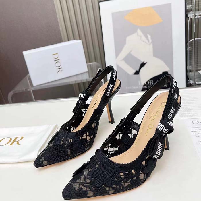 Dior Women CD J’Adior Slingback Pump Transparent Mesh Embroidered Black 3D Macramé-Effect
