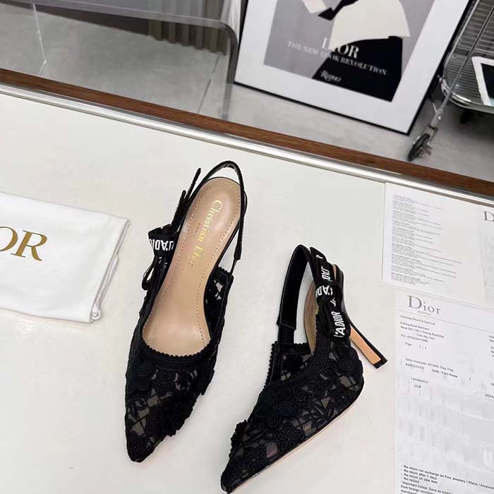 Dior Women CD J’Adior Slingback Pump Transparent Mesh Embroidered Black 3D Macramé-Effect