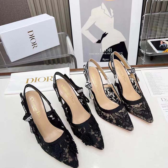 Dior Women CD J’Adior Slingback Pump Transparent Mesh Embroidered Black 3D Macramé-Effect
