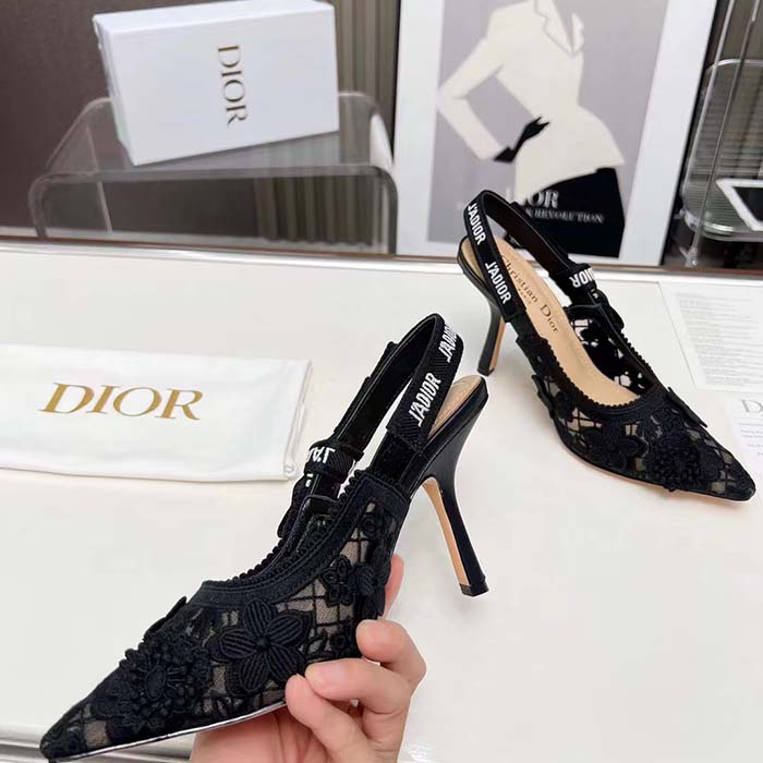Dior Women CD J’Adior Slingback Pump Transparent Mesh Embroidered Black 3D Macramé-Effect