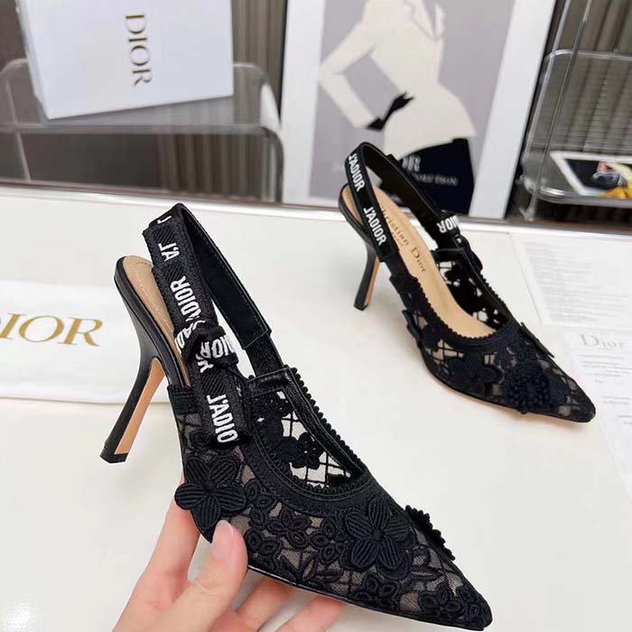 Dior Women CD J’Adior Slingback Pump Transparent Mesh Embroidered Black 3D Macramé-Effect