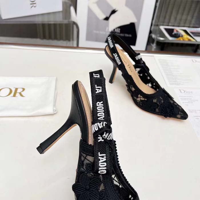 Dior Women CD J’Adior Slingback Pump Transparent Mesh Embroidered Black 3D Macramé-Effect
