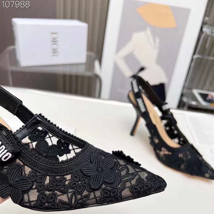 Dior Women CD J’Adior Slingback Pump Transparent Mesh Embroidered Black 3D Macramé-Effect