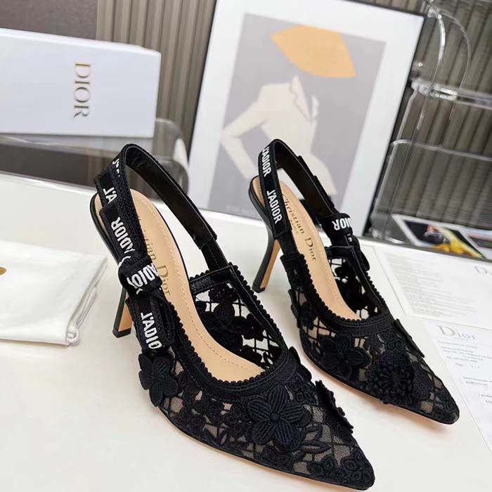 Dior Women CD J’Adior Slingback Pump Transparent Mesh Embroidered Black 3D Macramé-Effect