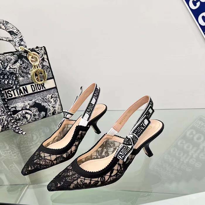 Dior Women CD J’Adior Slingback Pump Transparent Mesh Embroidered Black Butterfly Motif Reference: KCV038BYE_S900