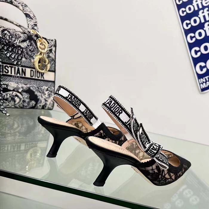 Dior Women CD J’Adior Slingback Pump Transparent Mesh Embroidered Black Butterfly Motif Reference: KCV038BYE_S900