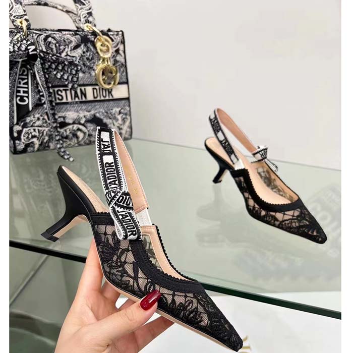 Dior Women CD J’Adior Slingback Pump Transparent Mesh Embroidered Black Butterfly Motif Reference: KCV038BYE_S900