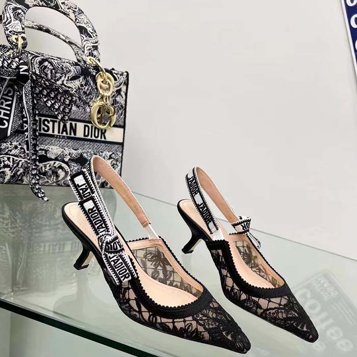 Dior Women CD J’Adior Slingback Pump Transparent Mesh Embroidered Black Butterfly Motif Reference: KCV038BYE_S900