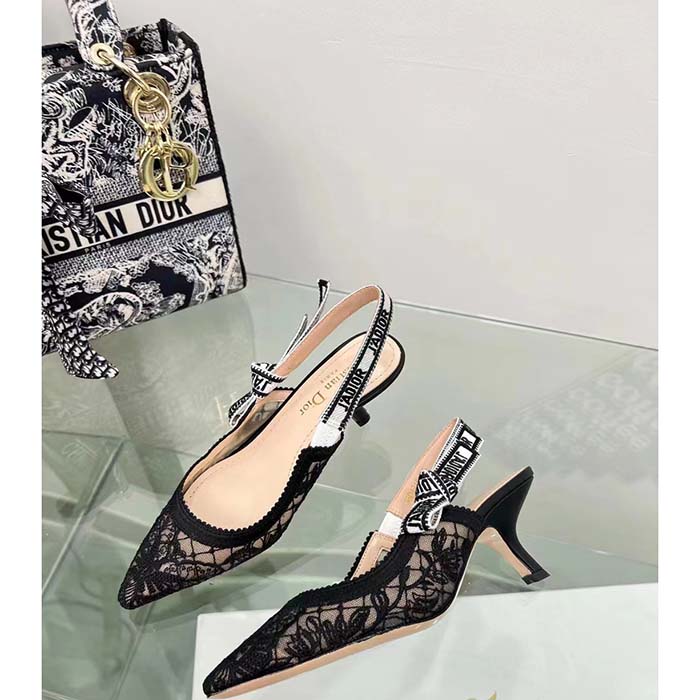 Dior Women CD J’Adior Slingback Pump Transparent Mesh Embroidered Black Butterfly Motif Reference: KCV038BYE_S900