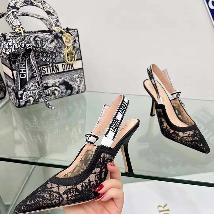 Dior Women CD J’Adior Slingback Pump Transparent Mesh Embroidered Black Butterfly Motif Reference: KCV039BYE_S900