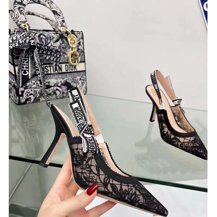 Dior Women CD J’Adior Slingback Pump Transparent Mesh Embroidered Black Butterfly Motif Reference: KCV039BYE_S900