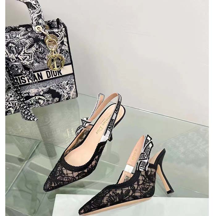 Dior Women CD J’Adior Slingback Pump Transparent Mesh Embroidered Black Butterfly Motif Reference: KCV039BYE_S900