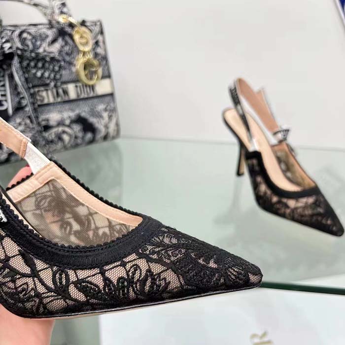 Dior Women CD J’Adior Slingback Pump Transparent Mesh Embroidered Black Butterfly Motif Reference: KCV039BYE_S900