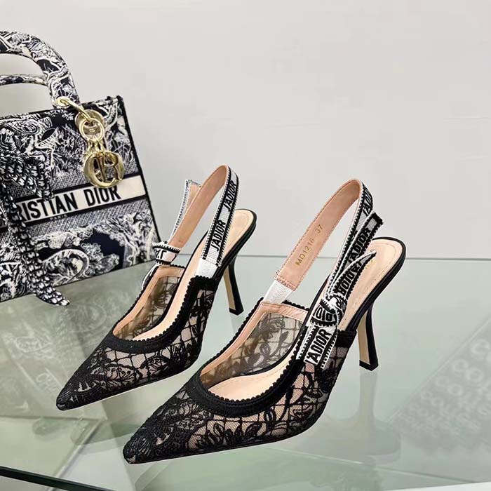 Dior Women CD J’Adior Slingback Pump Transparent Mesh Embroidered Black Butterfly Motif Reference: KCV039BYE_S900