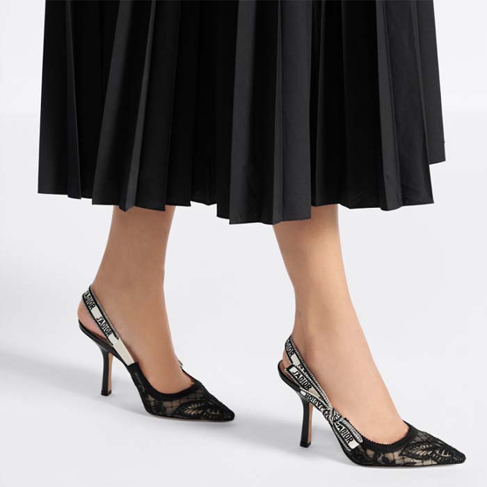 Dior Women CD J’Adior Slingback Pump Transparent Mesh Embroidered Black Butterfly Motif Reference: KCV039BYE_S900